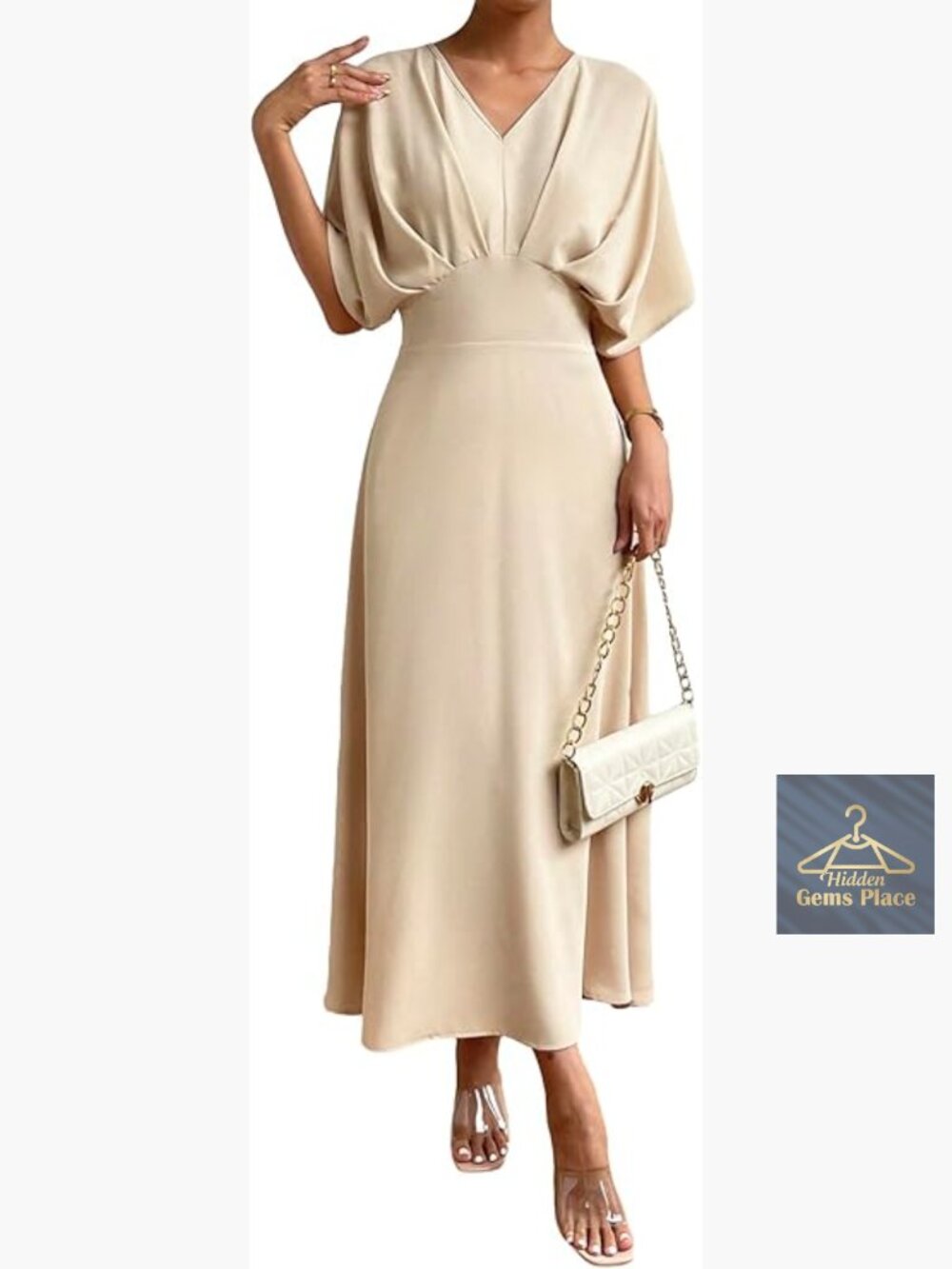 V-Neck Ruched Cocktail Dress with Batwing Sleeves, A-Line Long Formal - Picture 1 of 5